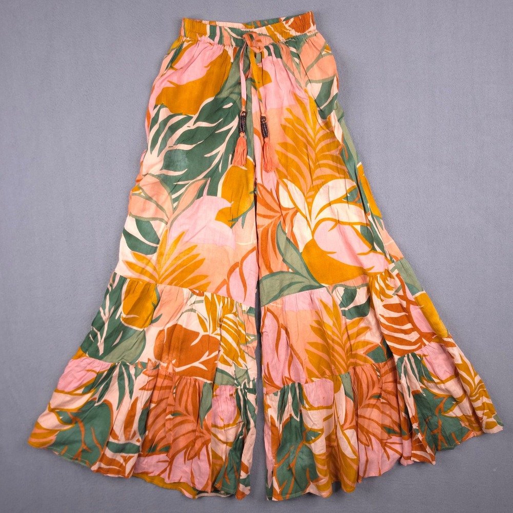 True Destinations Wide Leg Pants Tropical Floral Pink Orange XS Rayon Boho Pant